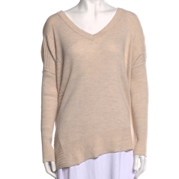 AllSaints Keld V-Neck Merino Wool Ribbed Sweater Color Almond  Marl Sz S - Picture 8 of 12